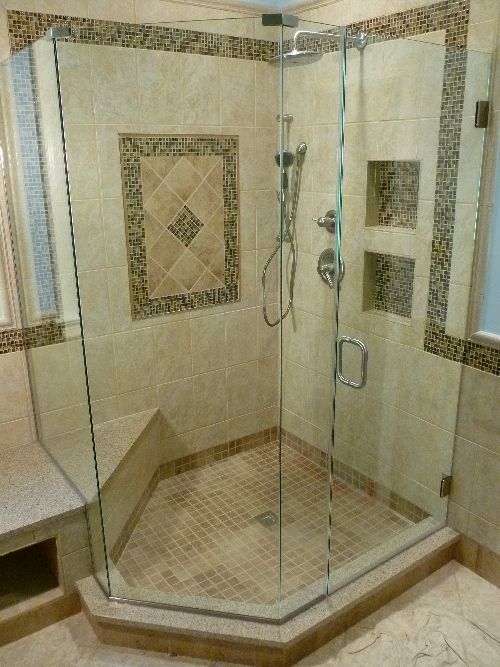 Frameless angled glass shower door enclosure.  Midlothian Va